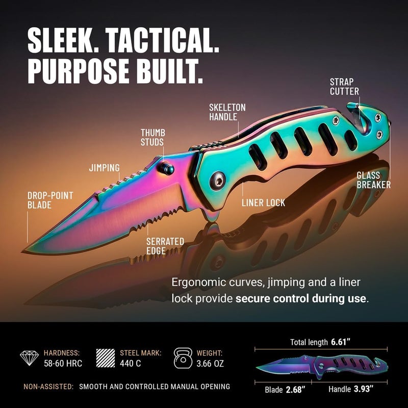 GOOD WORKER Legal Rainbow Pocket Knife with Glass Breaker Seatbelt Cutter - 2.68 Inch Sharp Serrated Blade - Cute Small Folding Womens Knives for Self Defense EDC Camping - Birthday Gifts for Women - 6655 R - Image 3